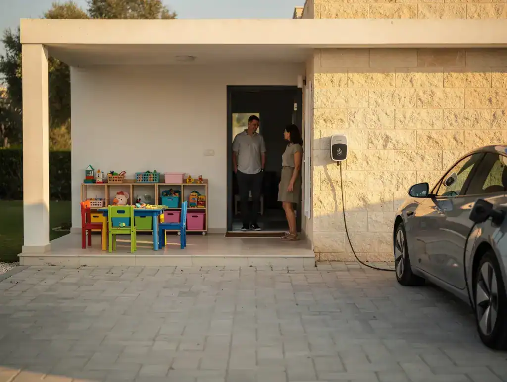 פינת משחק לילדים ליד הבית בזמן שרכב חשמלי נטען בחניה